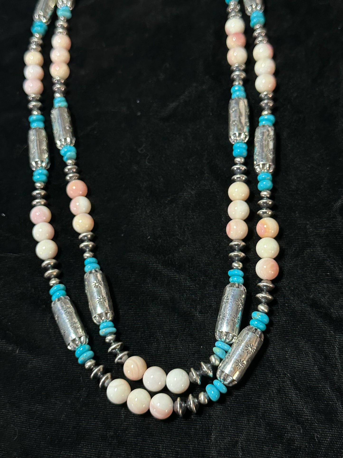 60" Stamped Barrel Beads, Pink Conch Shell Beads, Navajo Saucers, and Sleeping Beauty Turquoise Beads