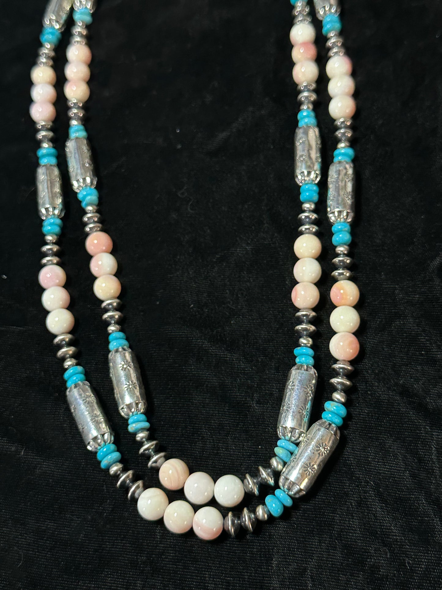 60" Stamped Barrel Beads, Pink Conch Shell Beads, Navajo Style Saucers, and Sleeping Beauty Turquoise Beads