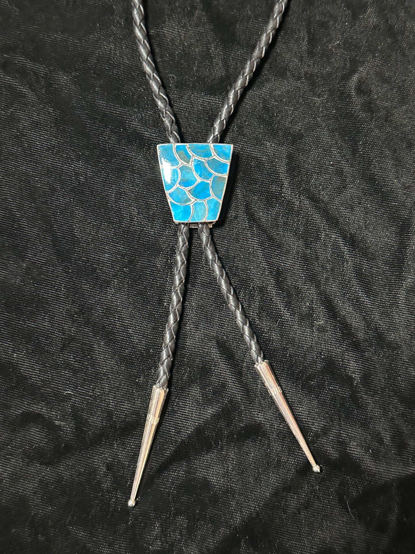 Turquoise Fish Scale Inlay Bolo Tie by Lynelle Johnson, Navajo