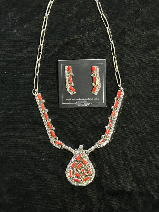 19" Red Coral Necklace with Earring Set by Darlene Begay