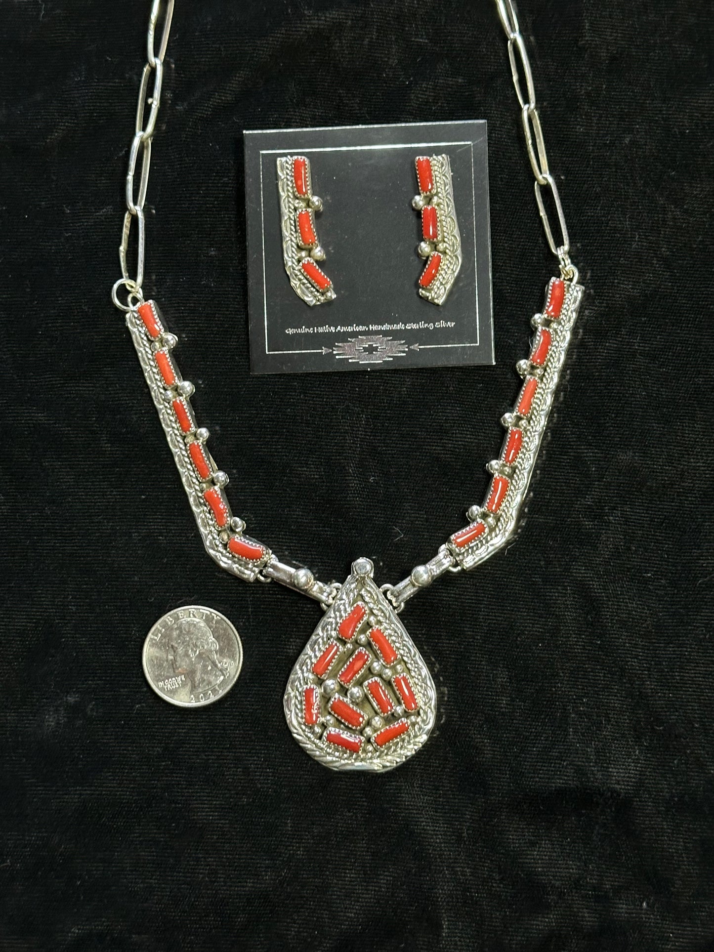 19" Red Coral Necklace with Earring Set by Darlene Begay