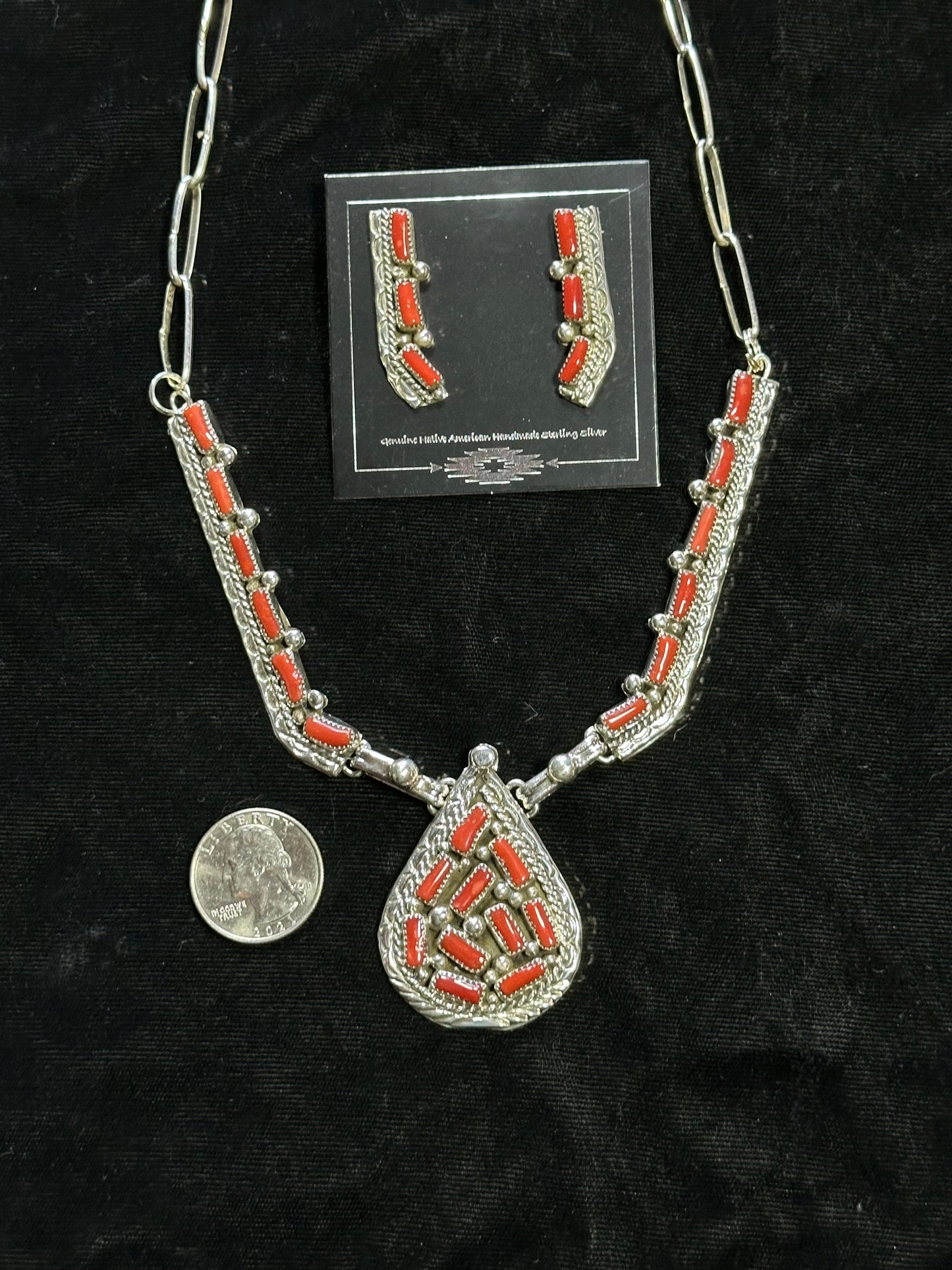 19" Red Coral Necklace with Earring Set by Darlene Begay