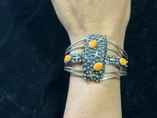 6 1/4"-7 1/2" Sterling Silver Cuff with Spiny Oyster Stones by P. Yazzie, Navajo