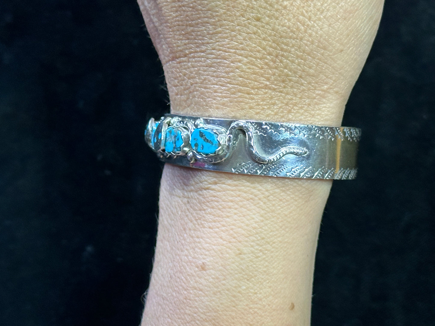6" Snake Design Cuff with Turquoise Stones by Joy Calavaza, Zuni