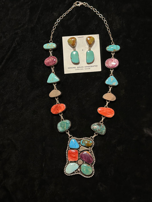 20" Necklace Multi Stone Necklace with Earring Set by Elaine Richards, Navajo