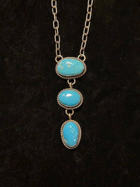 Cripple Creek Turquoise 3 Stone Drop Necklace by Delbert Secatero, Navajo