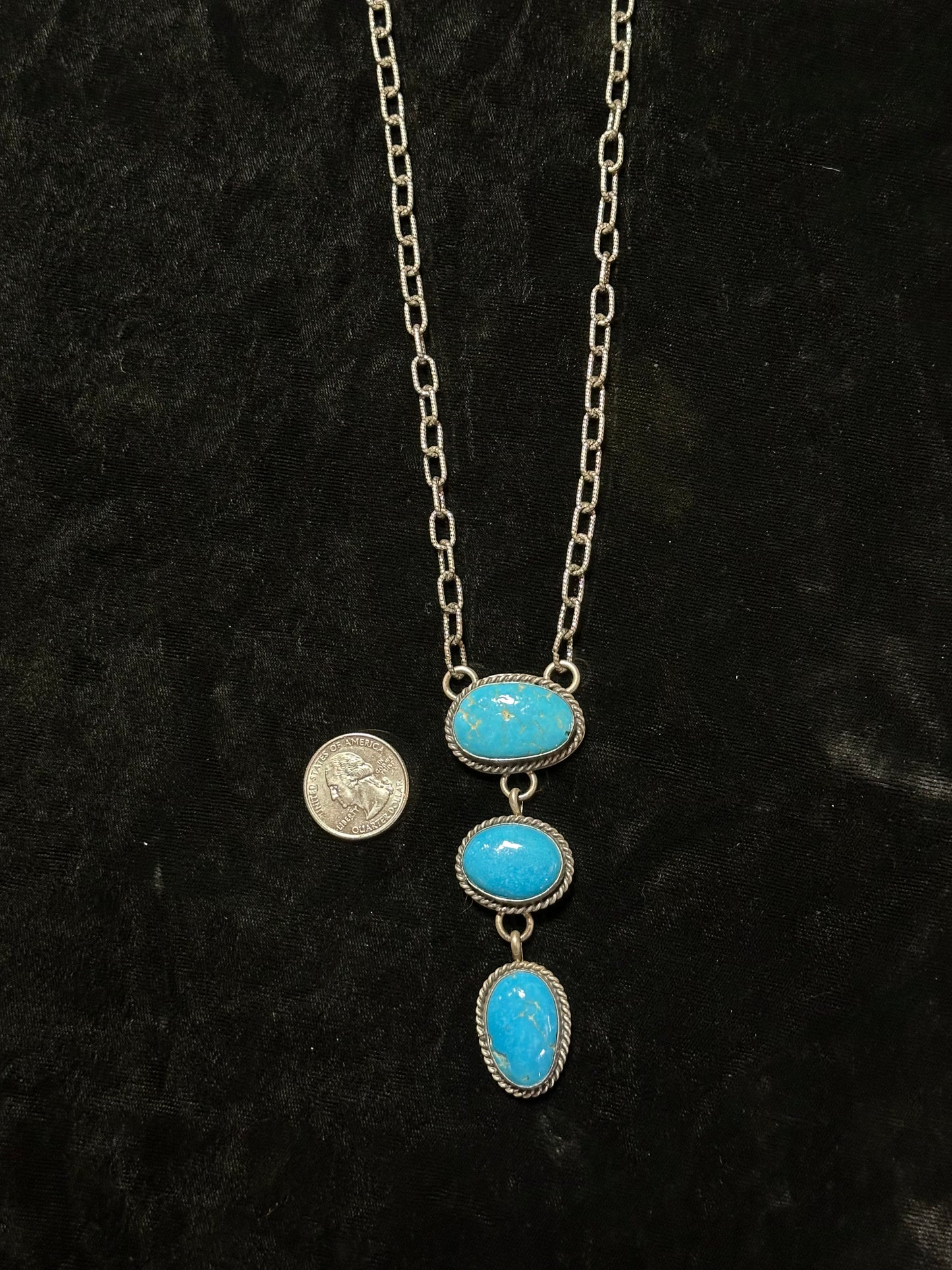 Cripple Creek Turquoise 3 Stone Drop Necklace by Delbert Secatero, Navajo