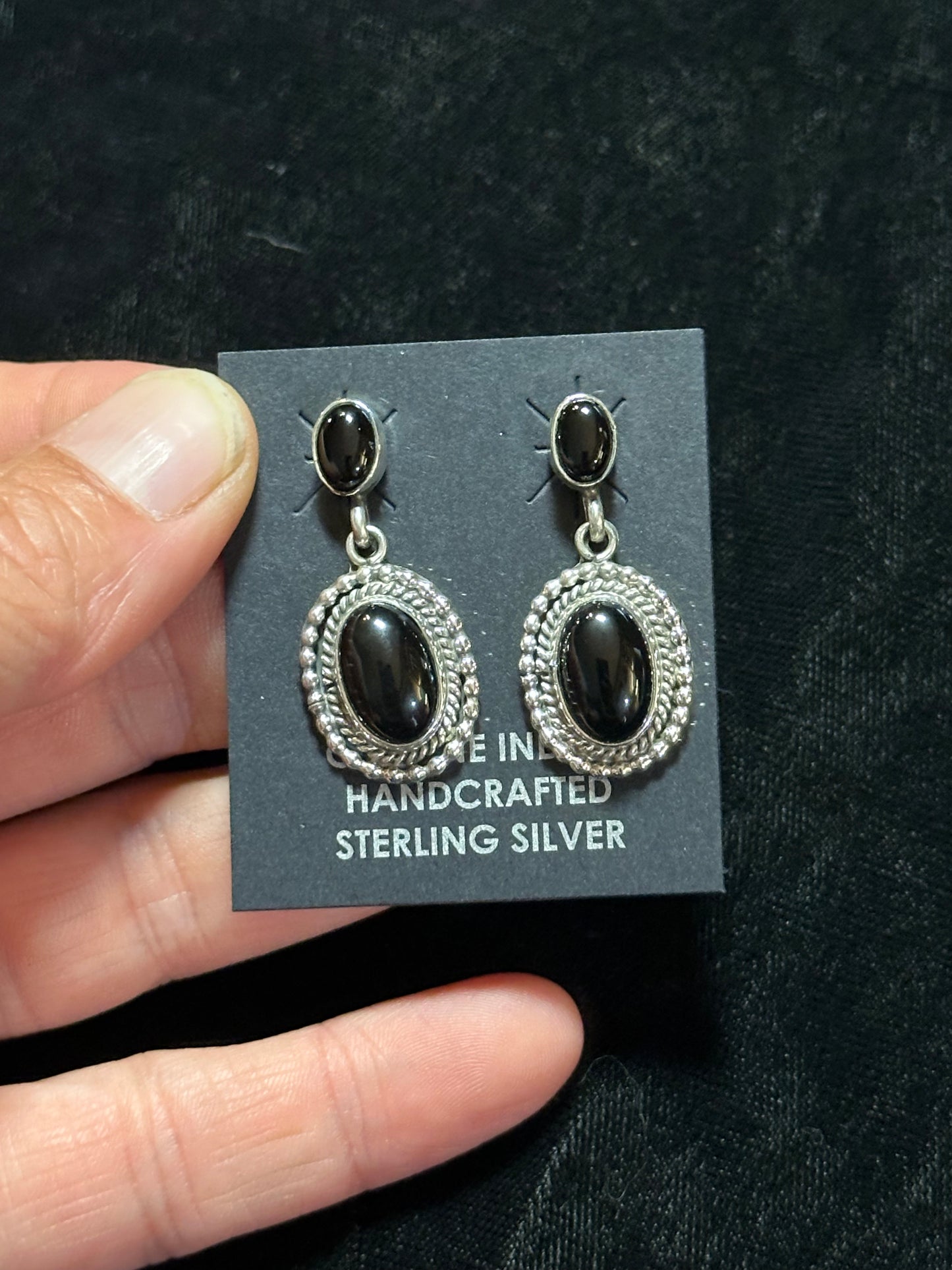 Black Onyx Post Dangle Earrings by Verley Betone, Navajo
