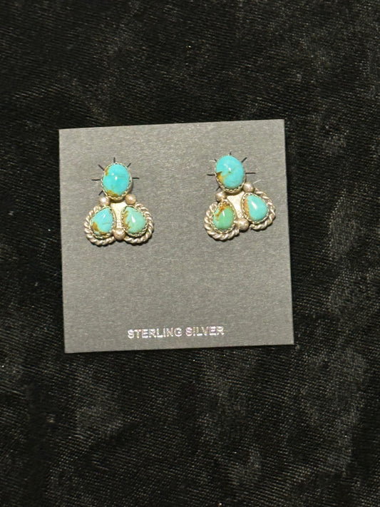 3 Stone Kingman Turquoise Post Earrings by Freda Martinez, Navajo