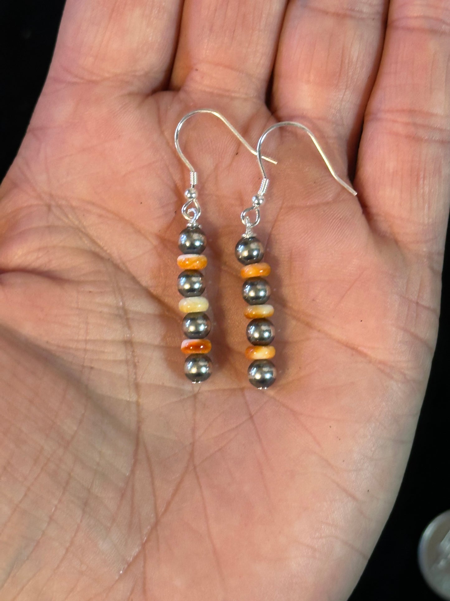 5mm Navajo Pearls and Spiny Oyster Shell Dangle Earrings