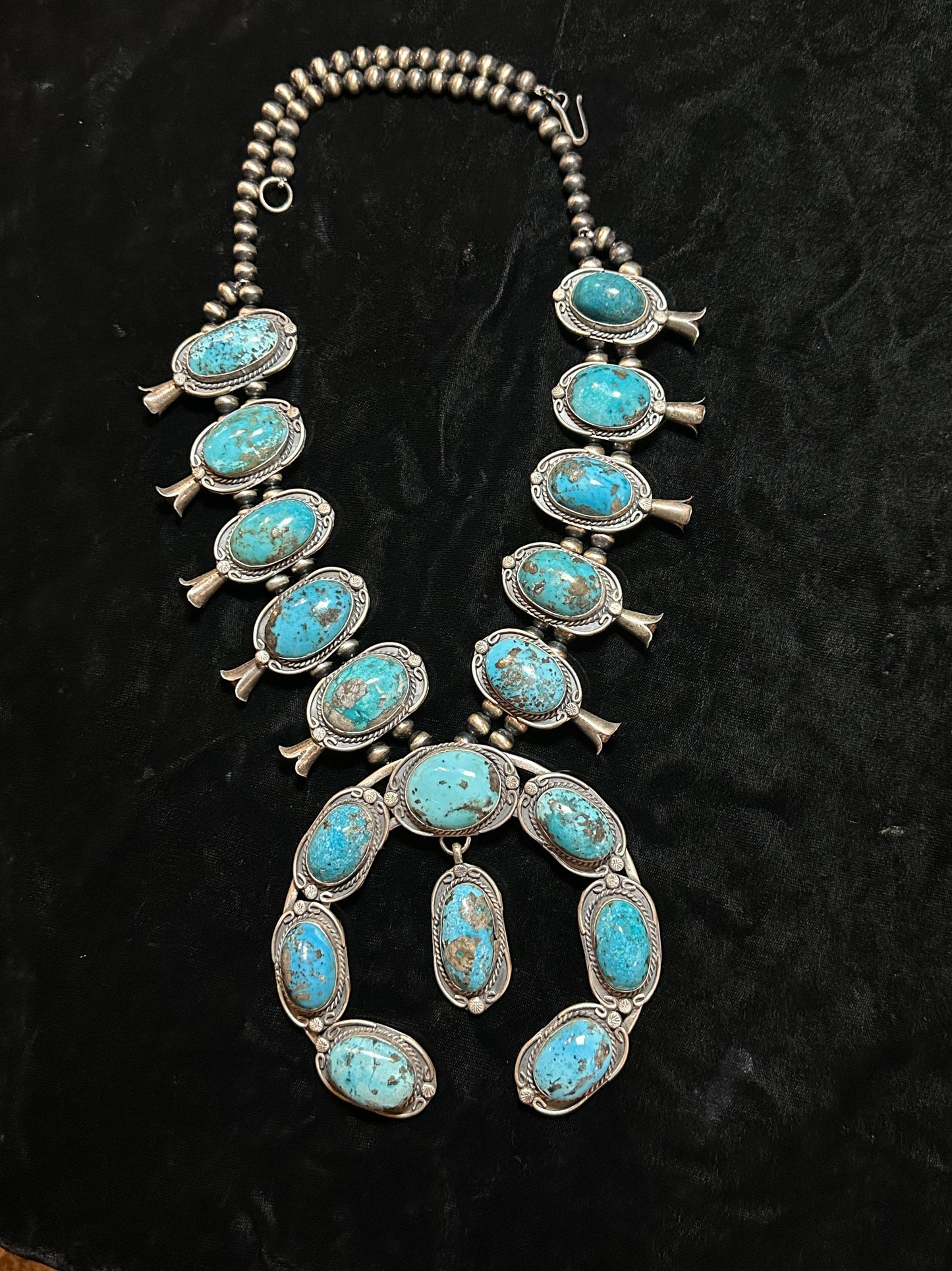 Persian Turquoise Squash Blossom by Gilbert Nez, Navajo