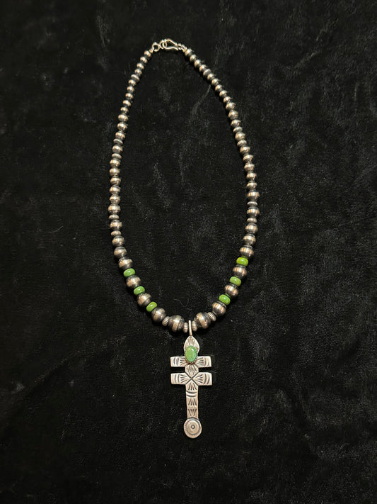 Graduated Navajo Pearls and Green Turquoise with Pendant