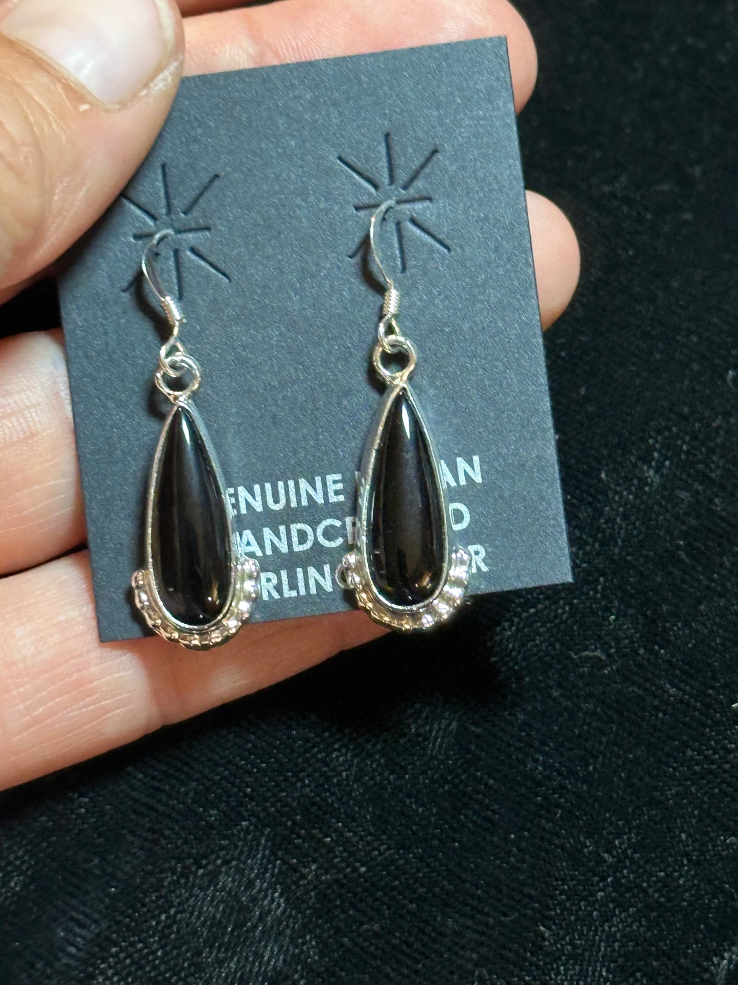 Black Onyx Teardrop Dangle Earrings by Annie Spencer, Navajo