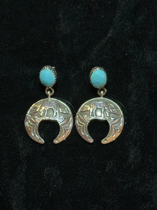 Turquoise Post Dangle Storyteller Earrings by Emerson Delgarito, Navajo