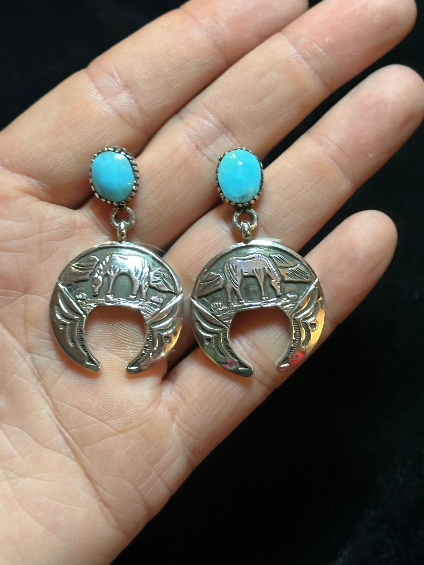 Turquoise Post Dangle Storyteller Earrings by Emerson Delgarito, Navajo