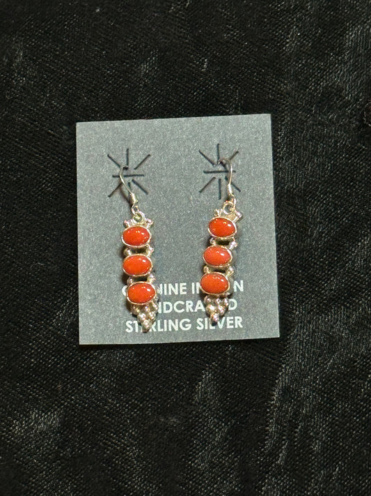 Red Coral Three Stone Dangle Earrings by Gary Shorty, Navajo