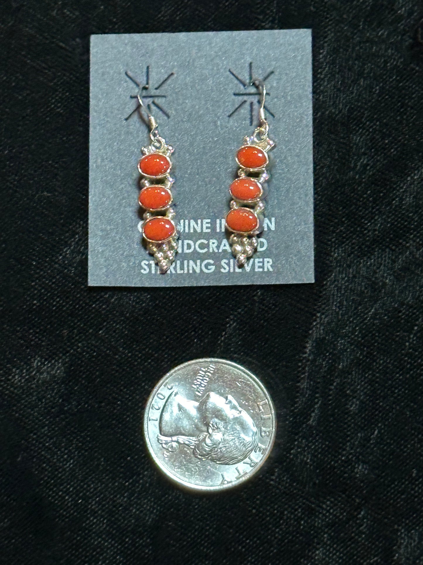 Red Coral Three Stone Dangle Earrings by Gary Shorty, Navajo