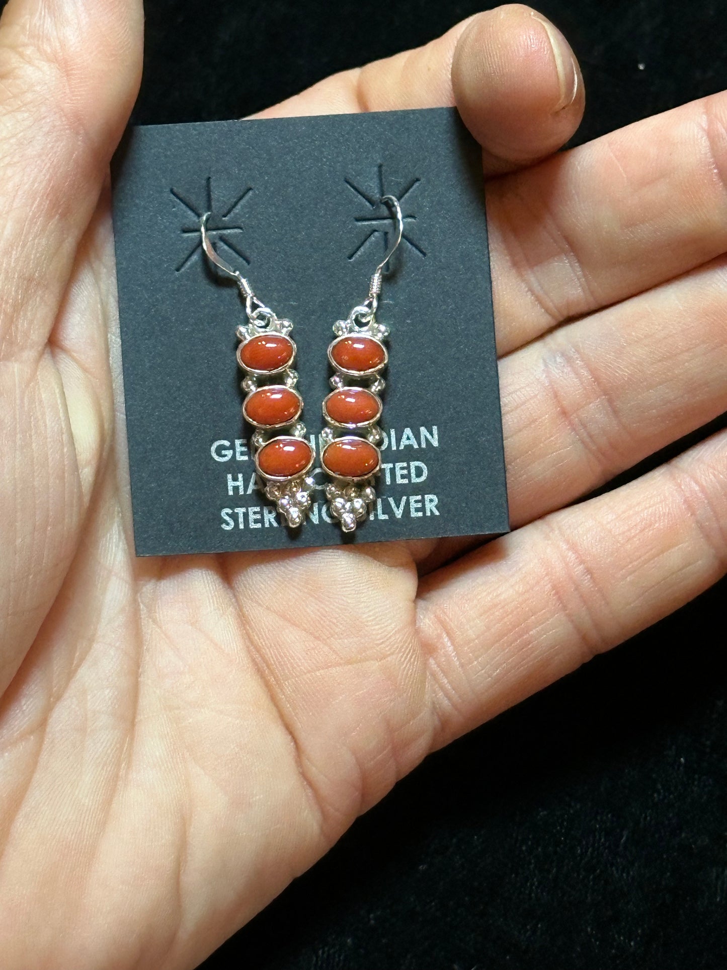 Red Coral Three Stone Dangle Earrings by Gary Shorty, Navajo