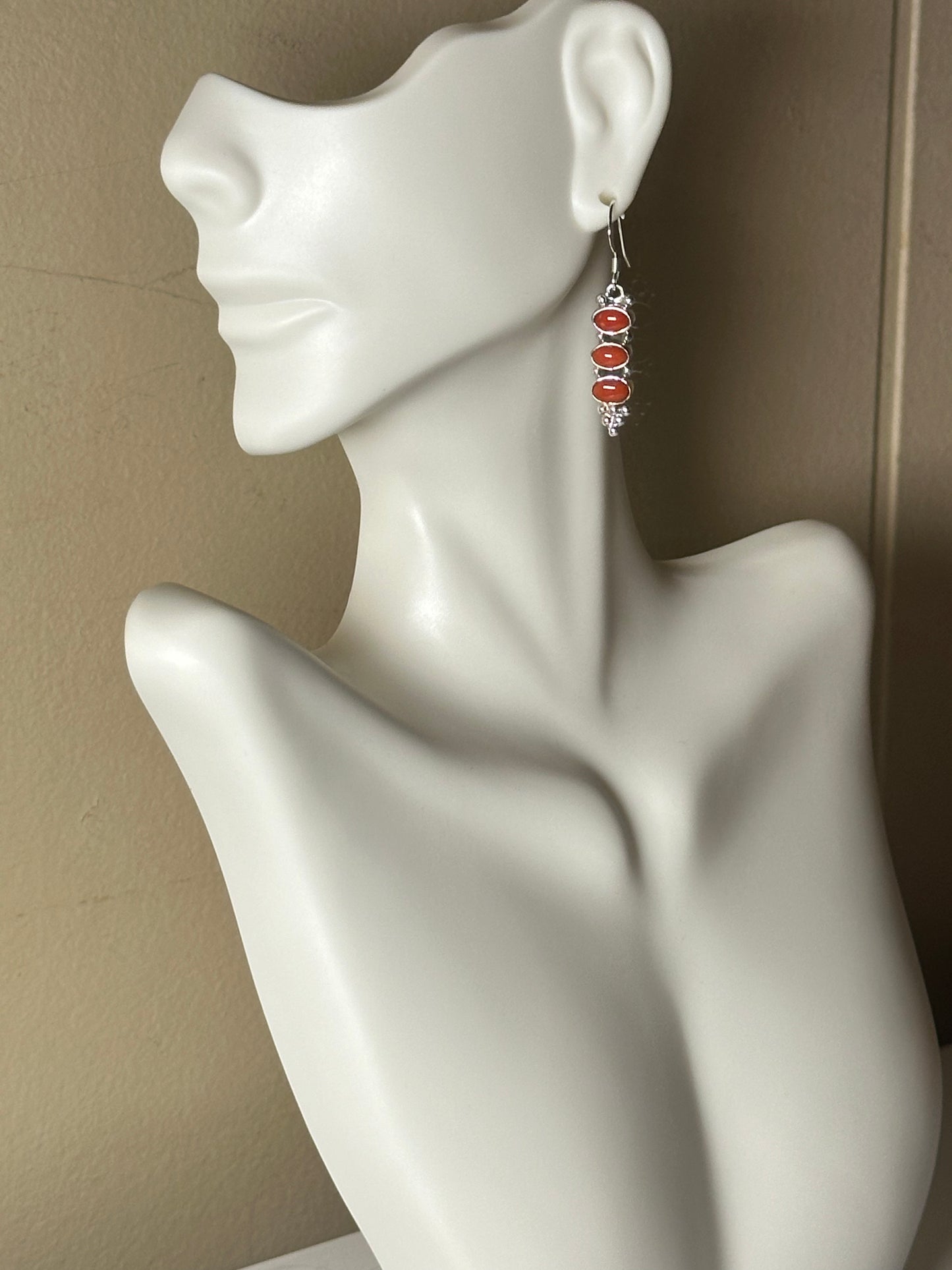 Red Coral Three Stone Dangle Earrings by Gary Shorty, Navajo