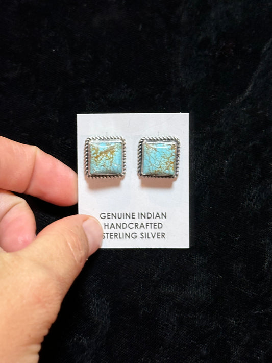 Kingman Turquoise Square Post Earrings by Judith Dixon, Navajo
