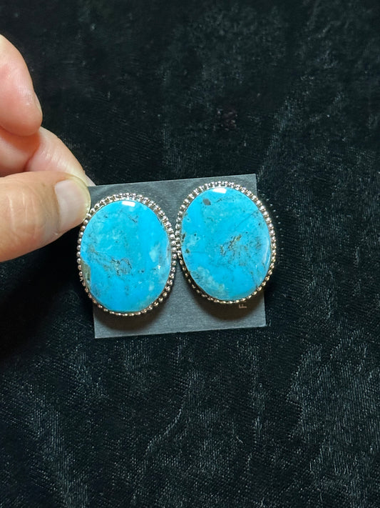 Large Turquoise Post Earrings by David Lopez, Navajo