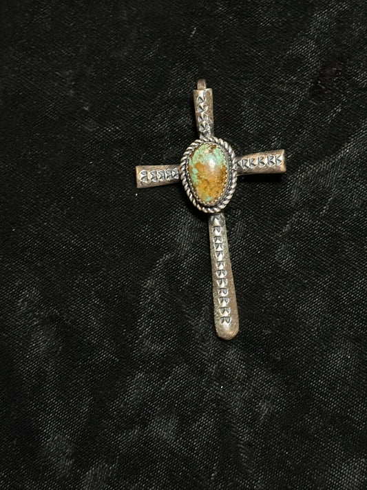 Cross Pendant with Turquoise Stone by Richard Yazza, Navajo