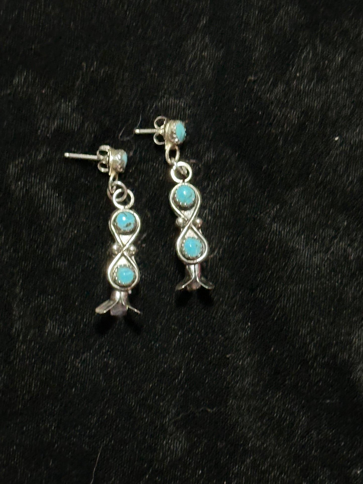 Turquoise Post Dangle Earrings with Blossoms by Martin Vacit, Zuni