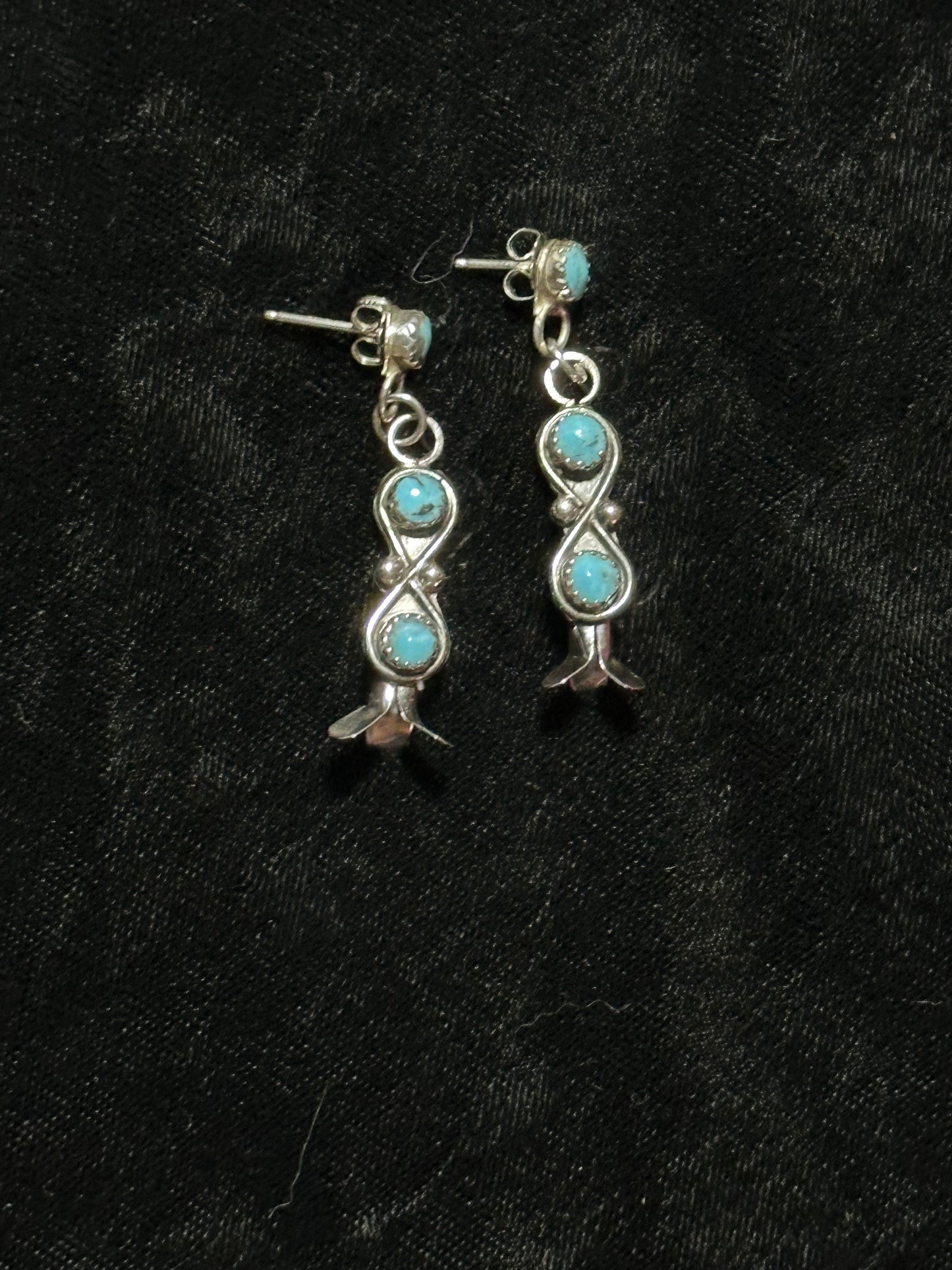 Turquoise Post Dangle Earrings with Blossoms by Martin Vacit, Zuni