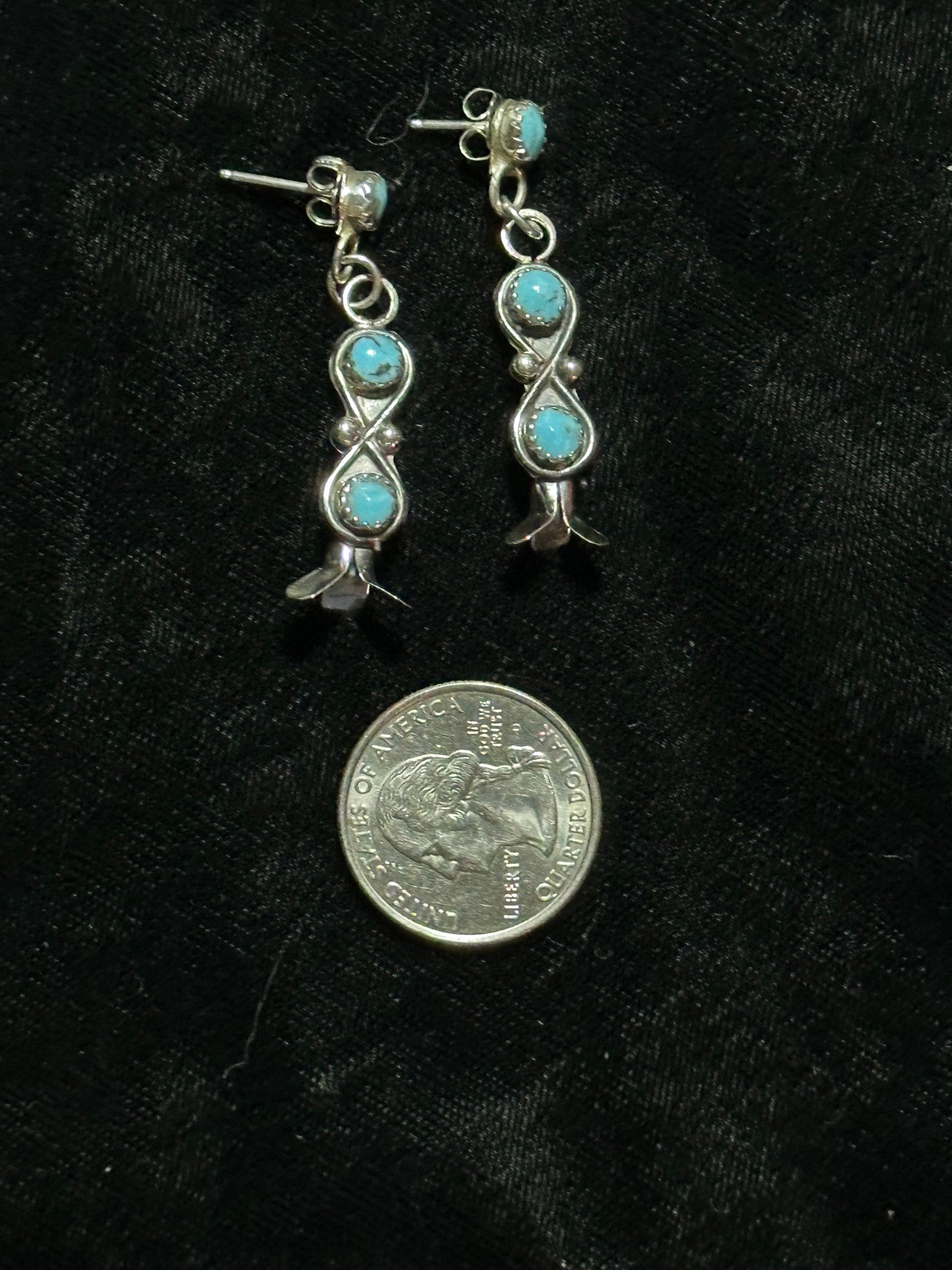 Turquoise Post Dangle Earrings with Blossoms by Martin Vacit, Zuni