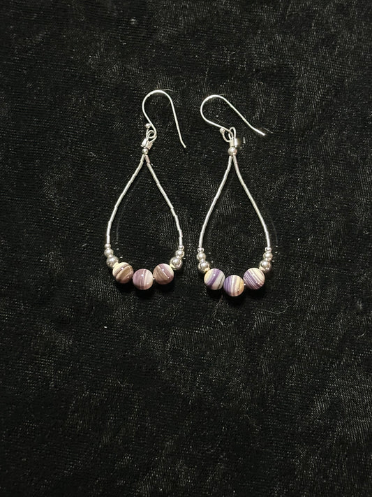 Wampum Shell, Silver Bead, and Liquid Silver Tear Drop Hook Dangle Earrings