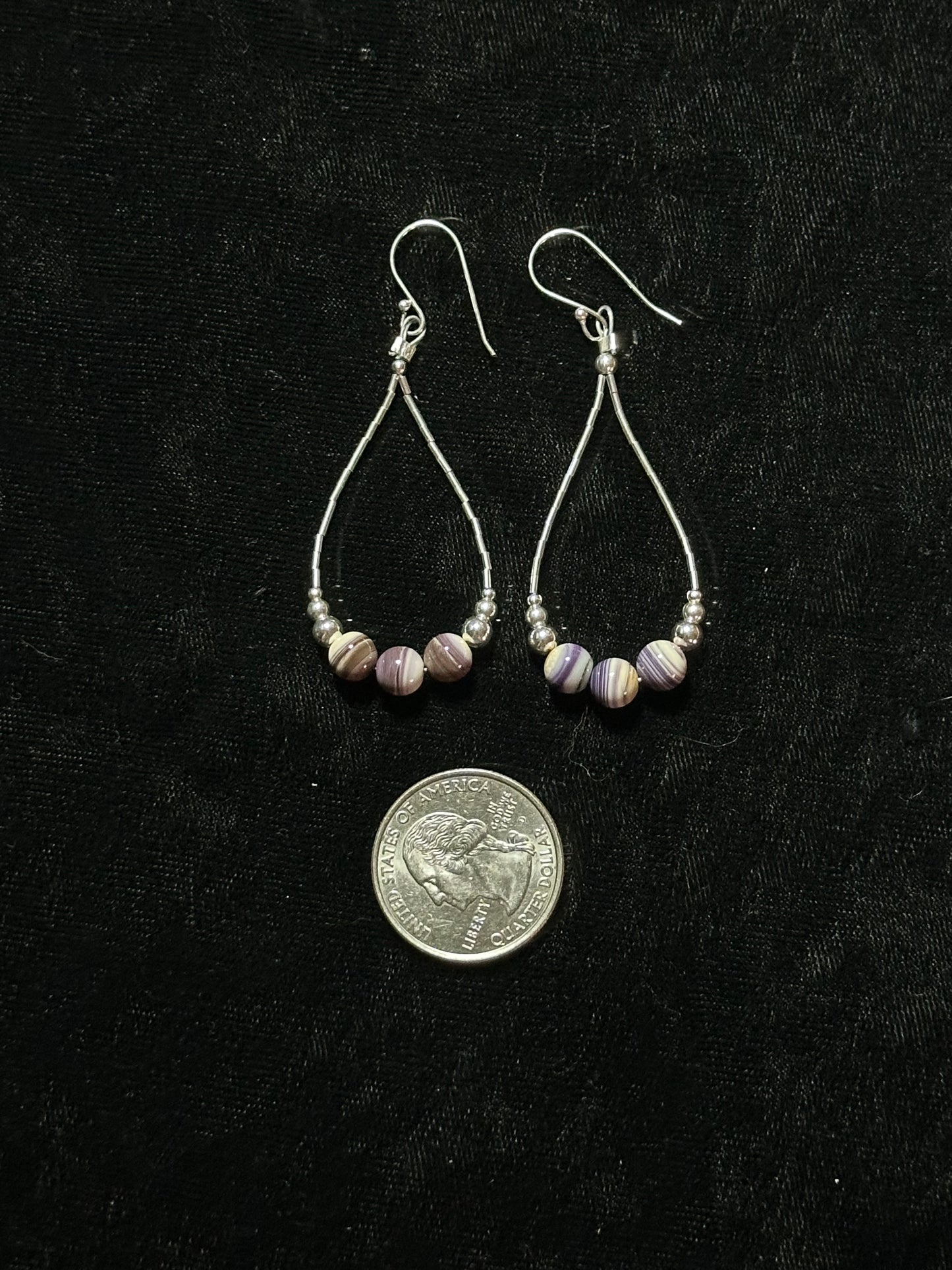 Wampum Shell, Silver Bead, and Liquid Silver Tear Drop Hook Dangle Earrings