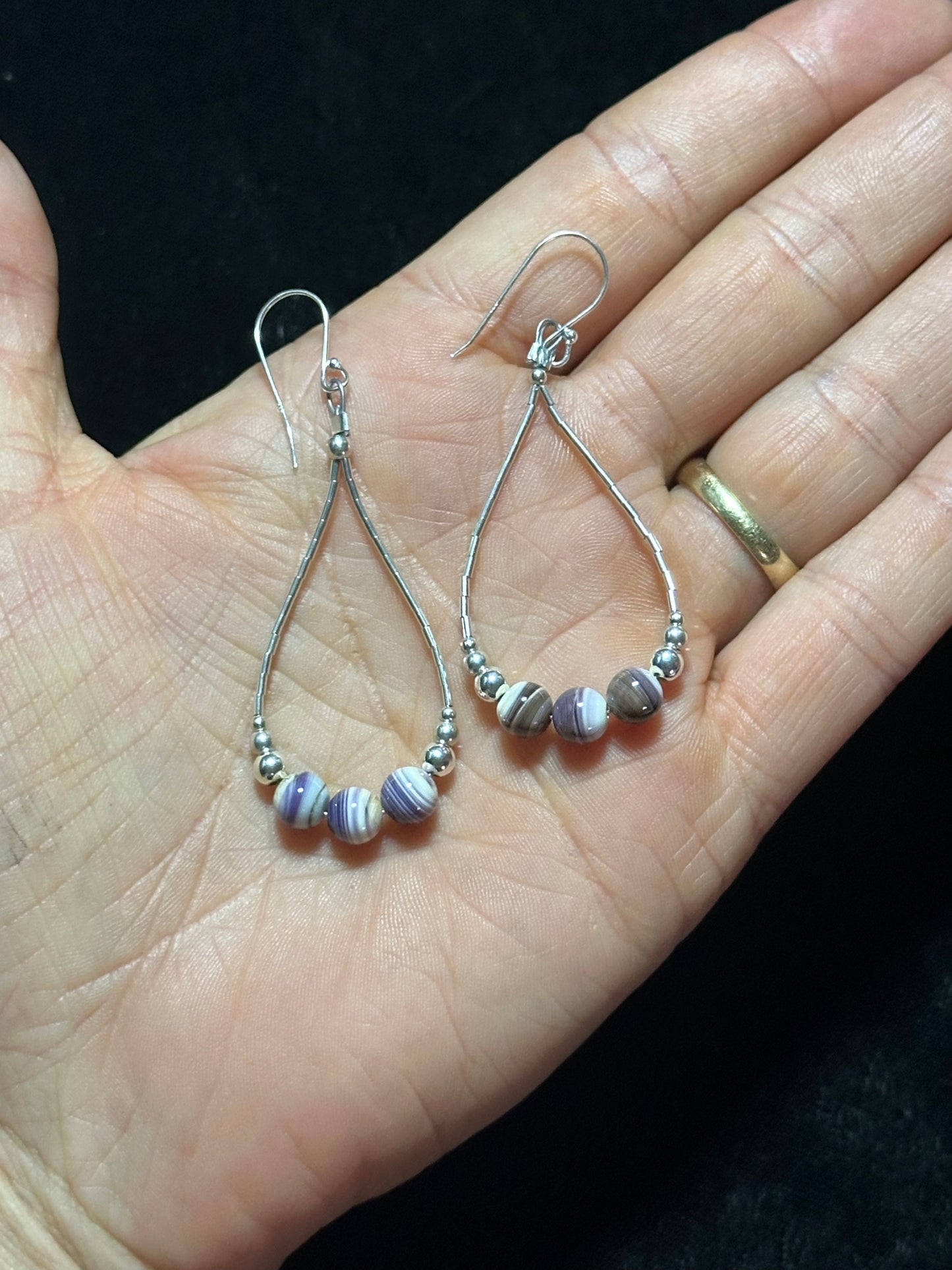 Wampum Shell, Silver Bead, and Liquid Silver Tear Drop Hook Dangle Earrings