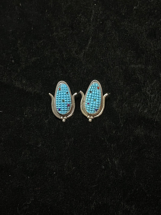 Turquoise Corn Post Earrings by Tracy Bowakaty, Zuni