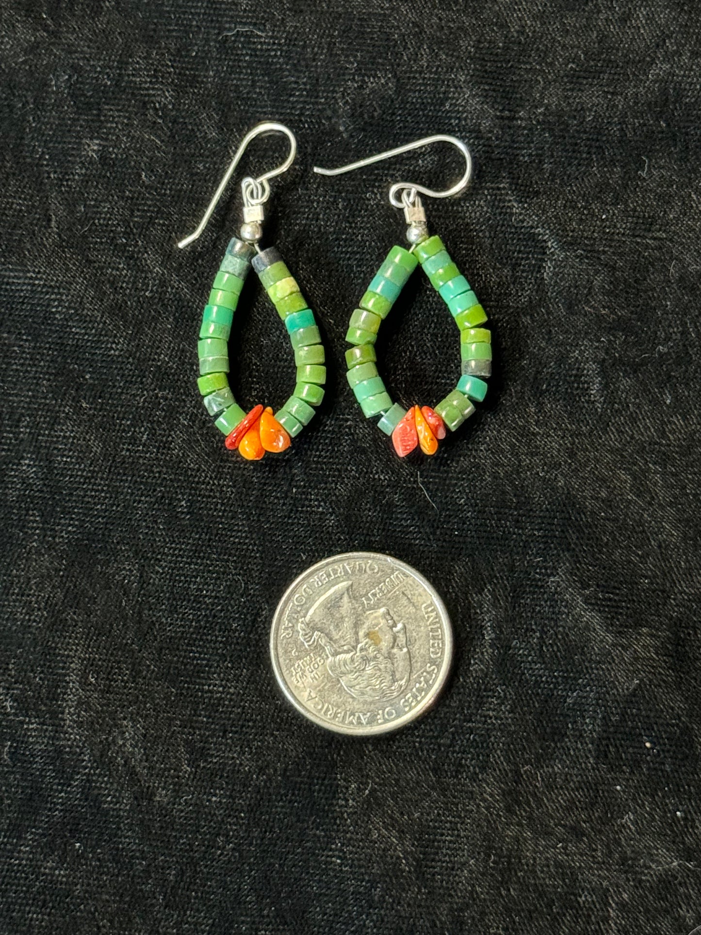 Green Turquoise Heishi Beads and Spiny Oyster Shell Tear Drop Dangle Earrings