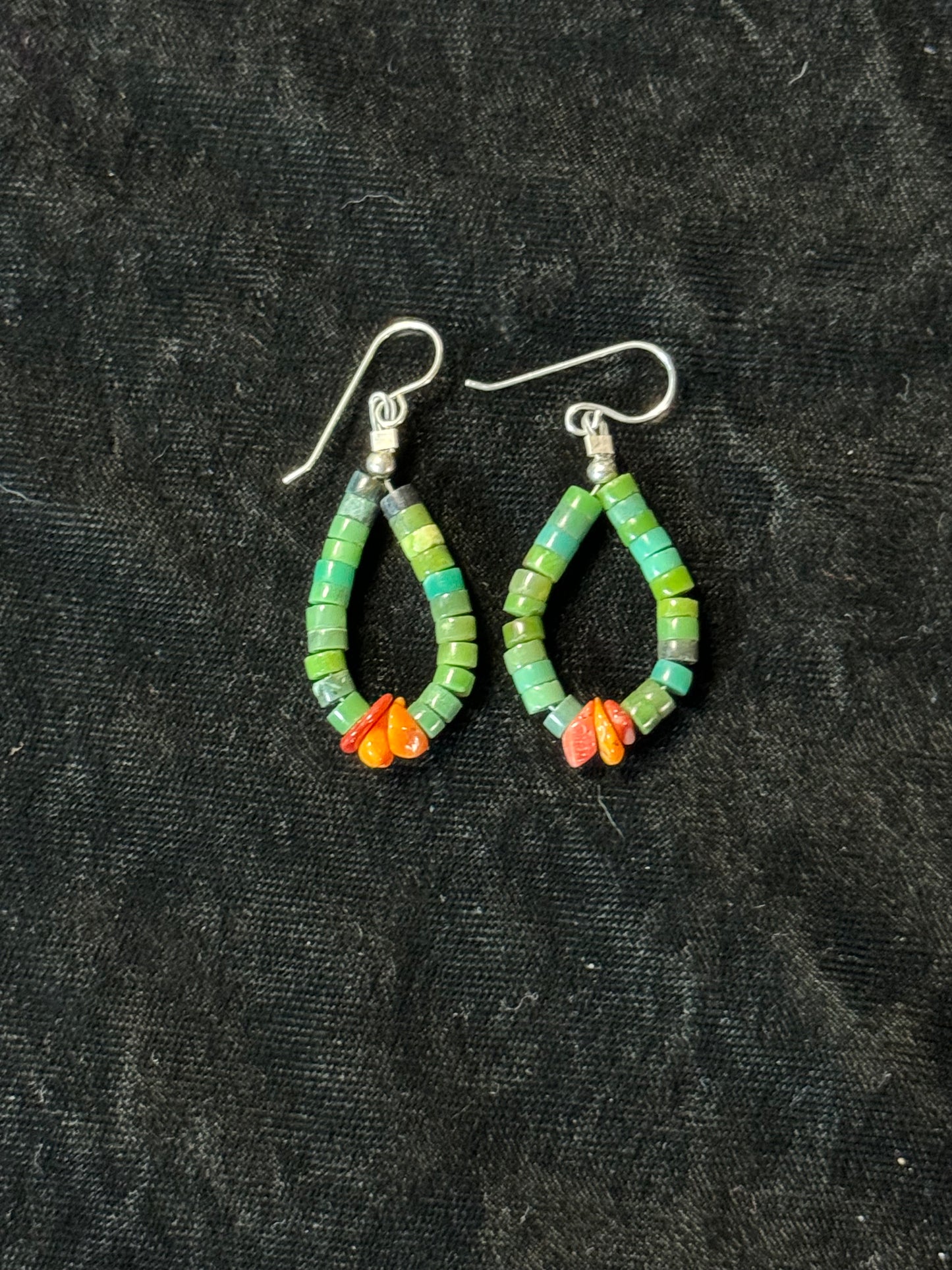 Green Turquoise Heishi Beads and Spiny Oyster Shell Tear Drop Dangle Earrings