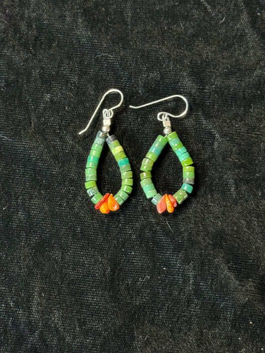 Green Turquoise Heishi Beads and Spiny Oyster Shell Tear Drop Dangle Earrings