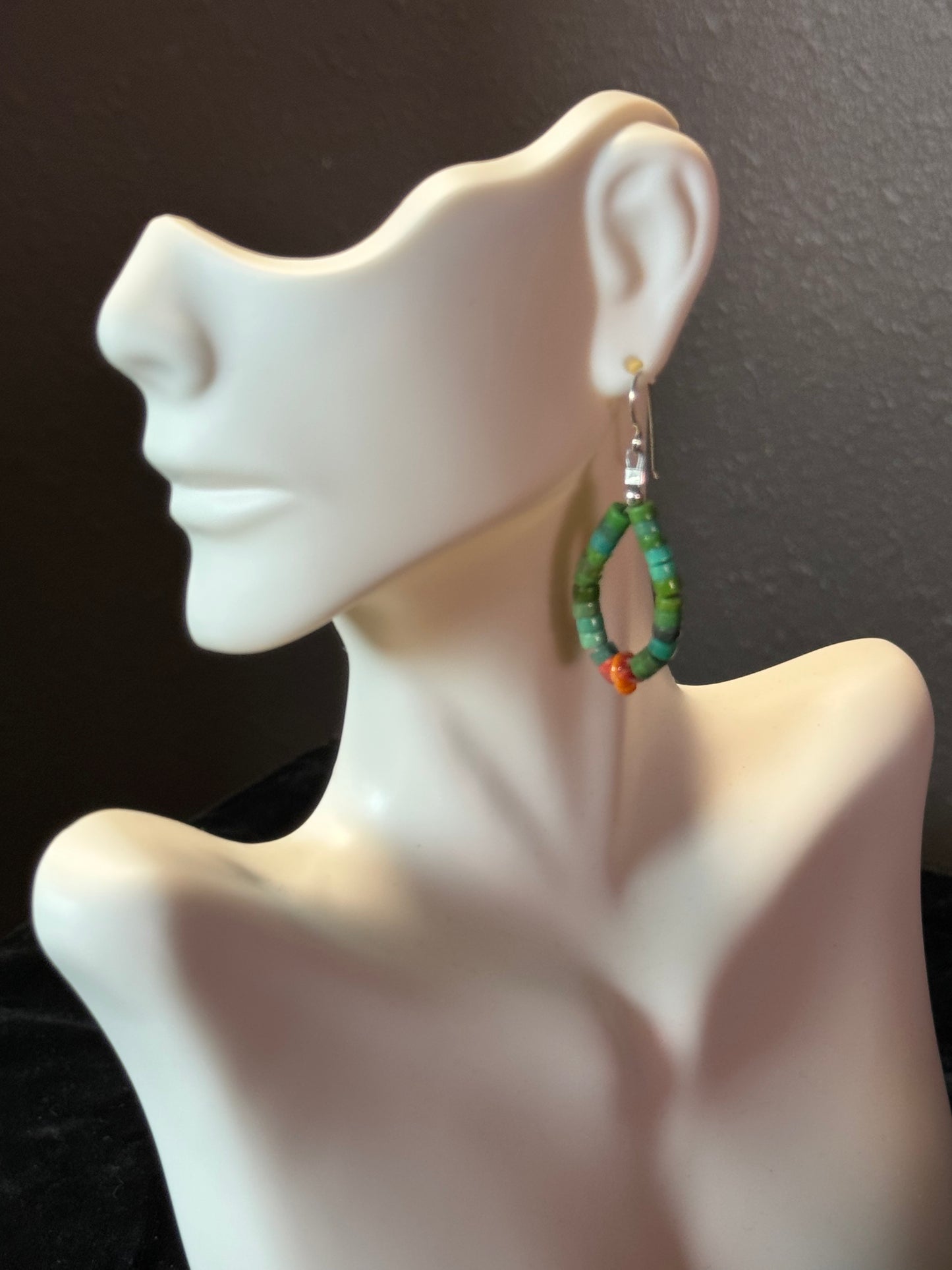 Green Turquoise Heishi Beads and Spiny Oyster Shell Tear Drop Dangle Earrings