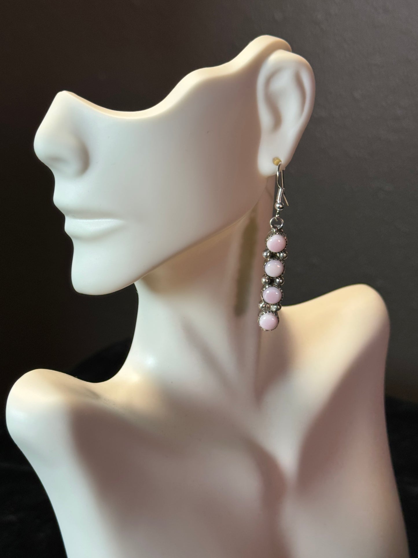 Pink Conch Shell Four Stone Dangle Earrings by Maxine Ramirez, Navajo