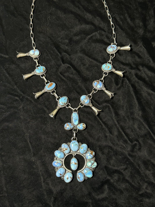 26"+4 1/2" Lariat Style Golden Hills Turquoise Squash Blossom by Phil Platero, Navajo