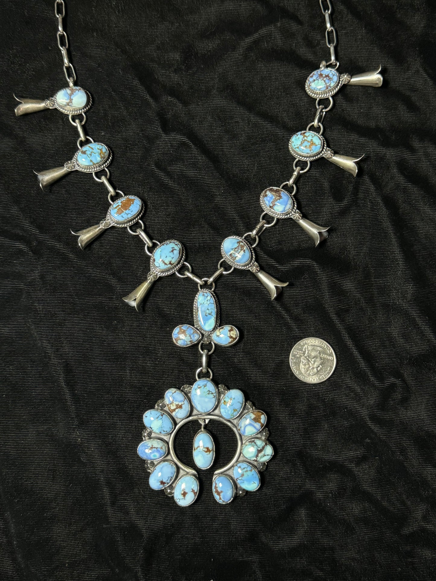 26"+4 1/2" Lariat Style Golden Hills Turquoise Squash Blossom by Phil Platero, Navajo