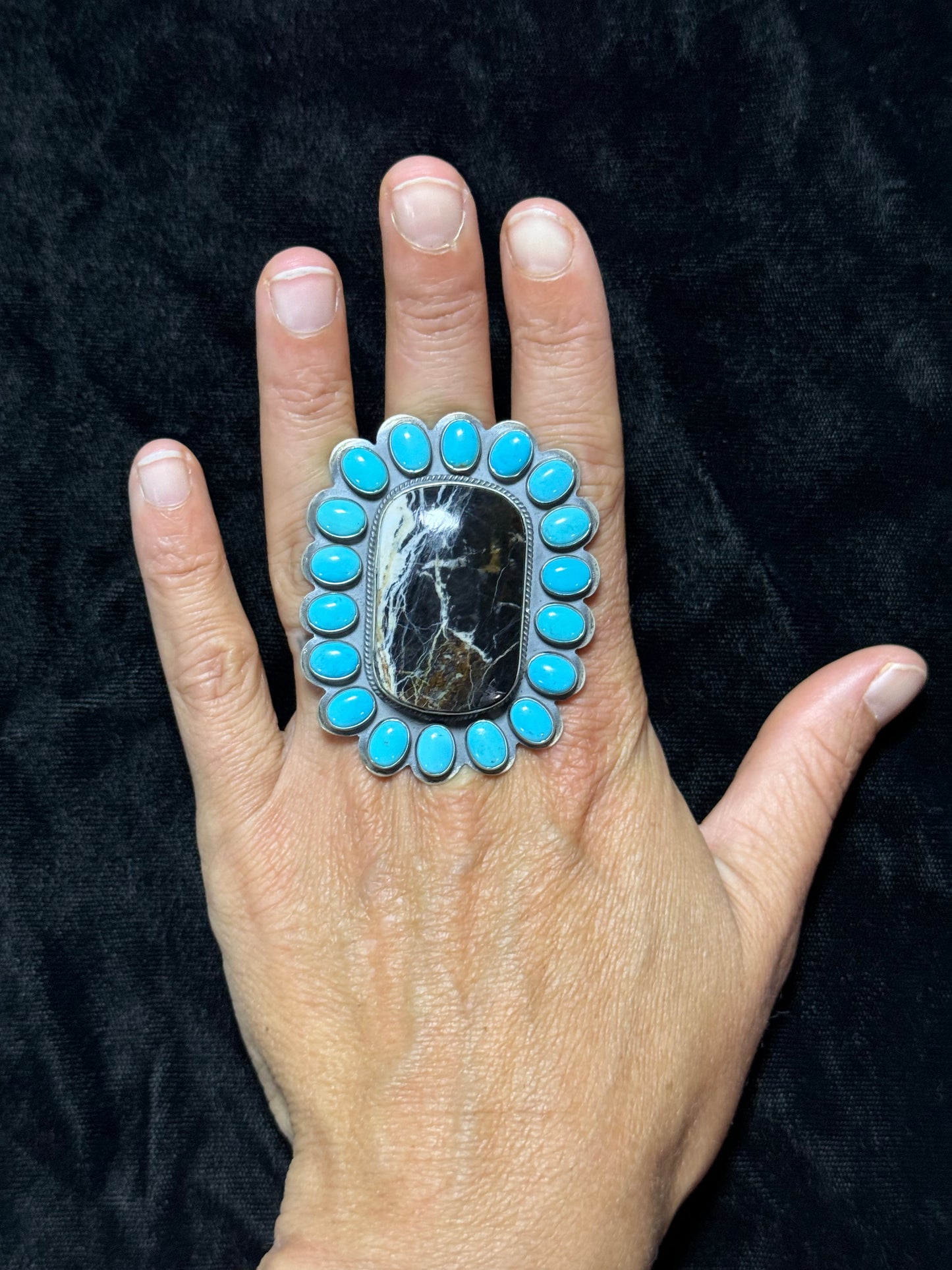 Adjustable White Buffalo and Sleeping Beauty Turquoise Ring by Steven Nez, Navajo