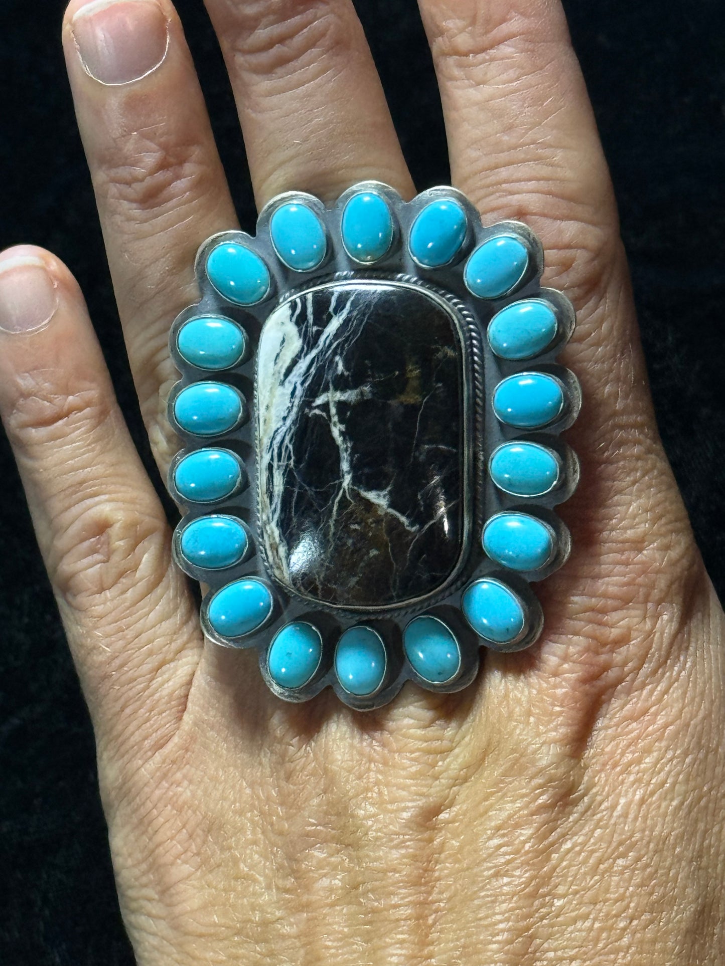 Adjustable White Buffalo and Sleeping Beauty Turquoise Ring by Steven Nez, Navajo