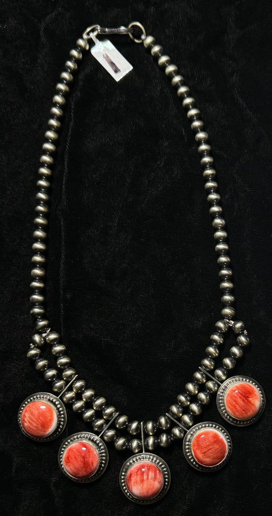 Red Spiny Oyster Shell and 7mm Navajo Pearl Necklace by Calvin Delgarito, Navajo