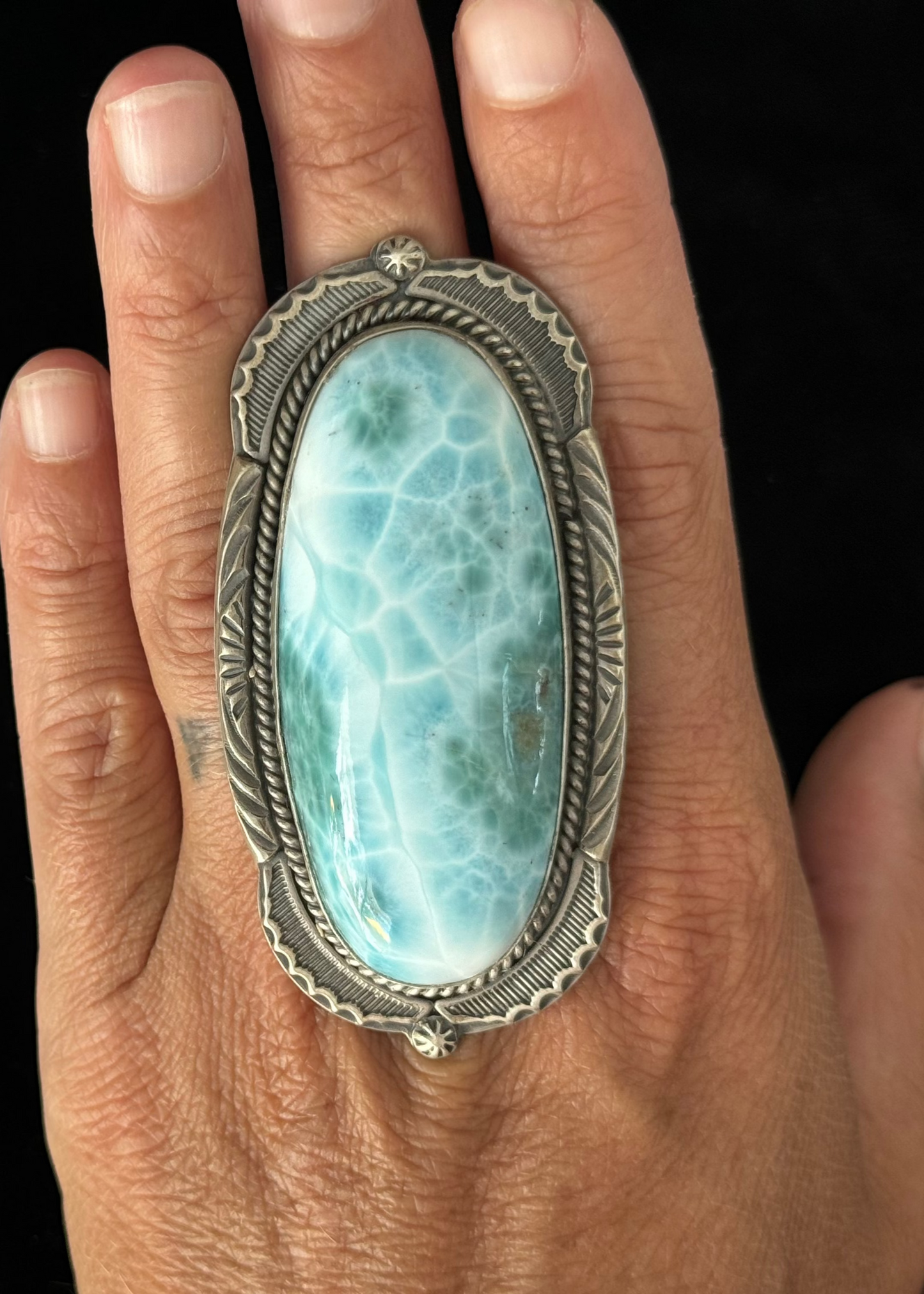 11.0 Large Oval Larimar Ring by Gilbert Platero, Navajo