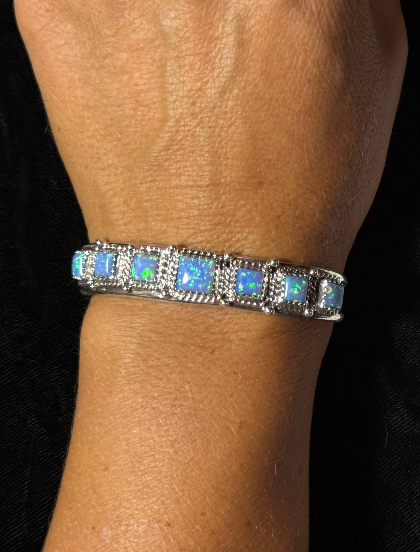 6"-7" 7 Stone Blue Opal Adjustable Cuff by Davey Morgan, Navajo