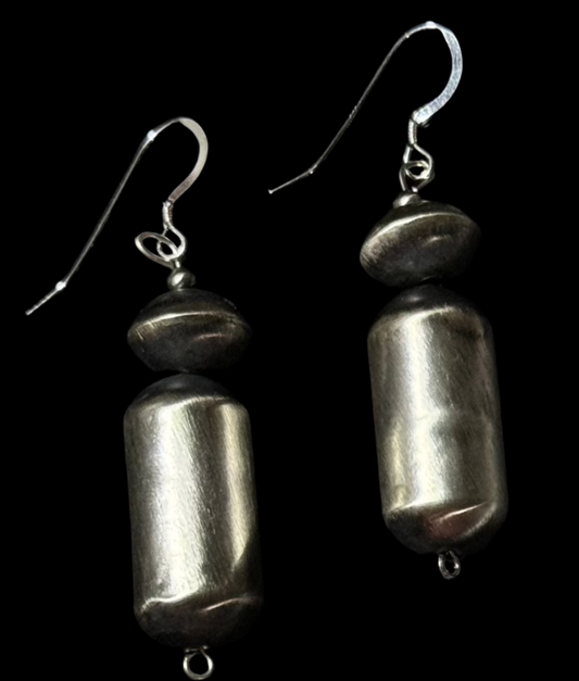 Sterling Silver Handmade Barrel Bead and Navajo Saucer Dangles by Tysha Aparicio, Navajo