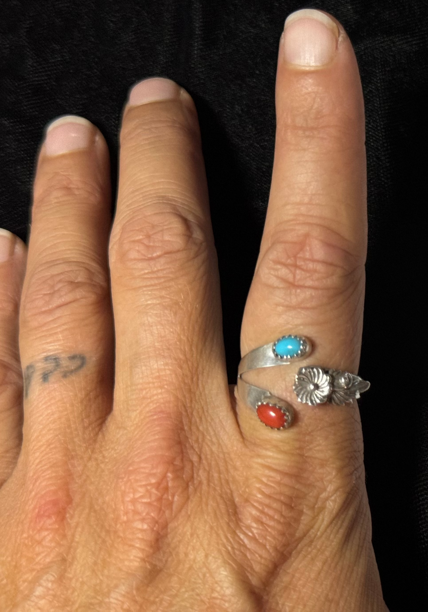 8.0-12.0 Turquoise and Red Coral Adjustable Ring by Robert Martinez, Navajo