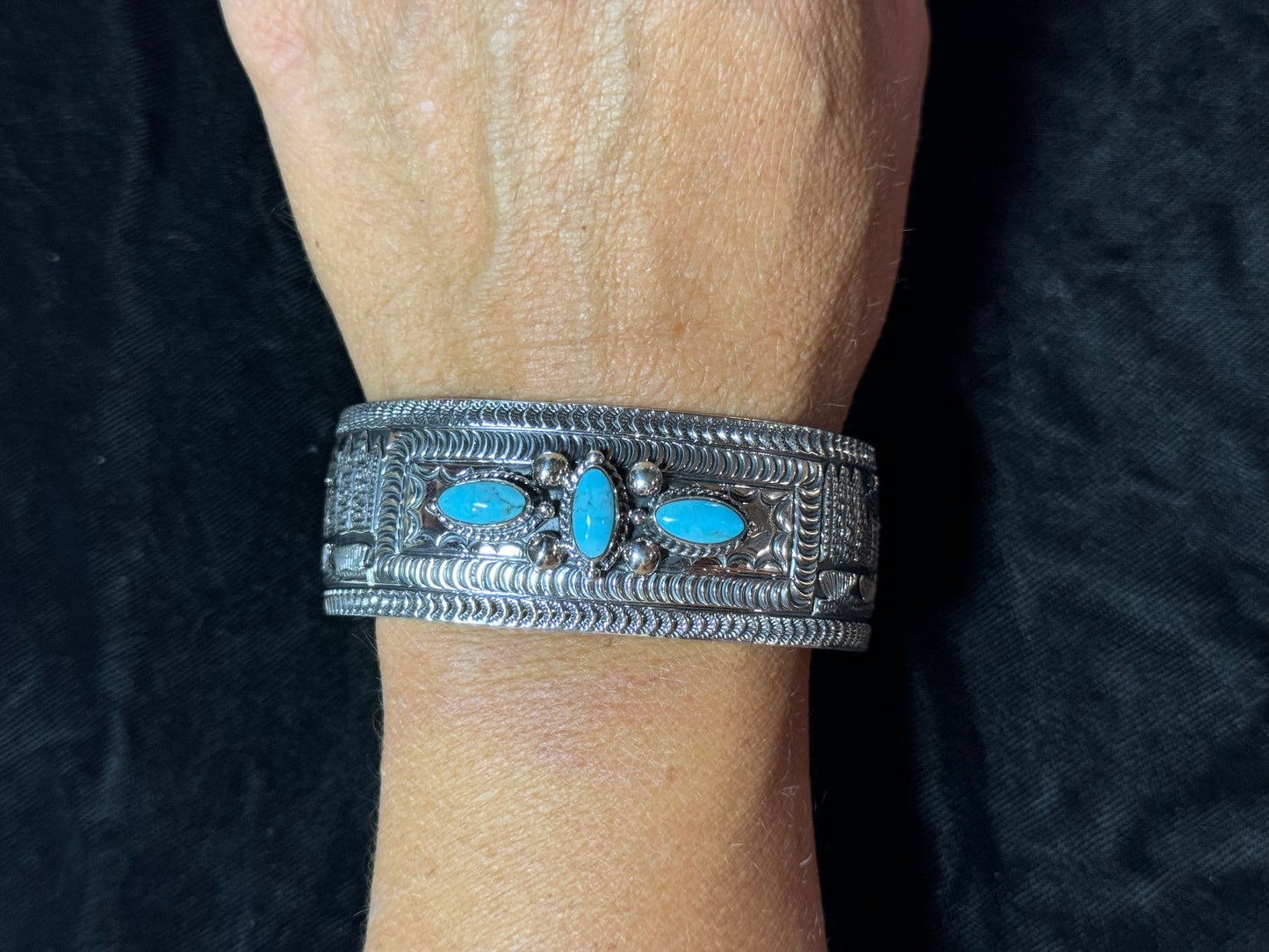 7" 3 Stone Turquoise Storyteller Cuff by June Delgarito, Navajo