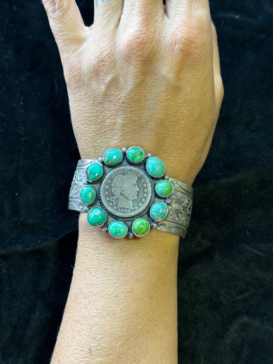 6"- 7 1/4" Turquoise and Coin Cluster Cuff by Boyd Ashley, Navajo