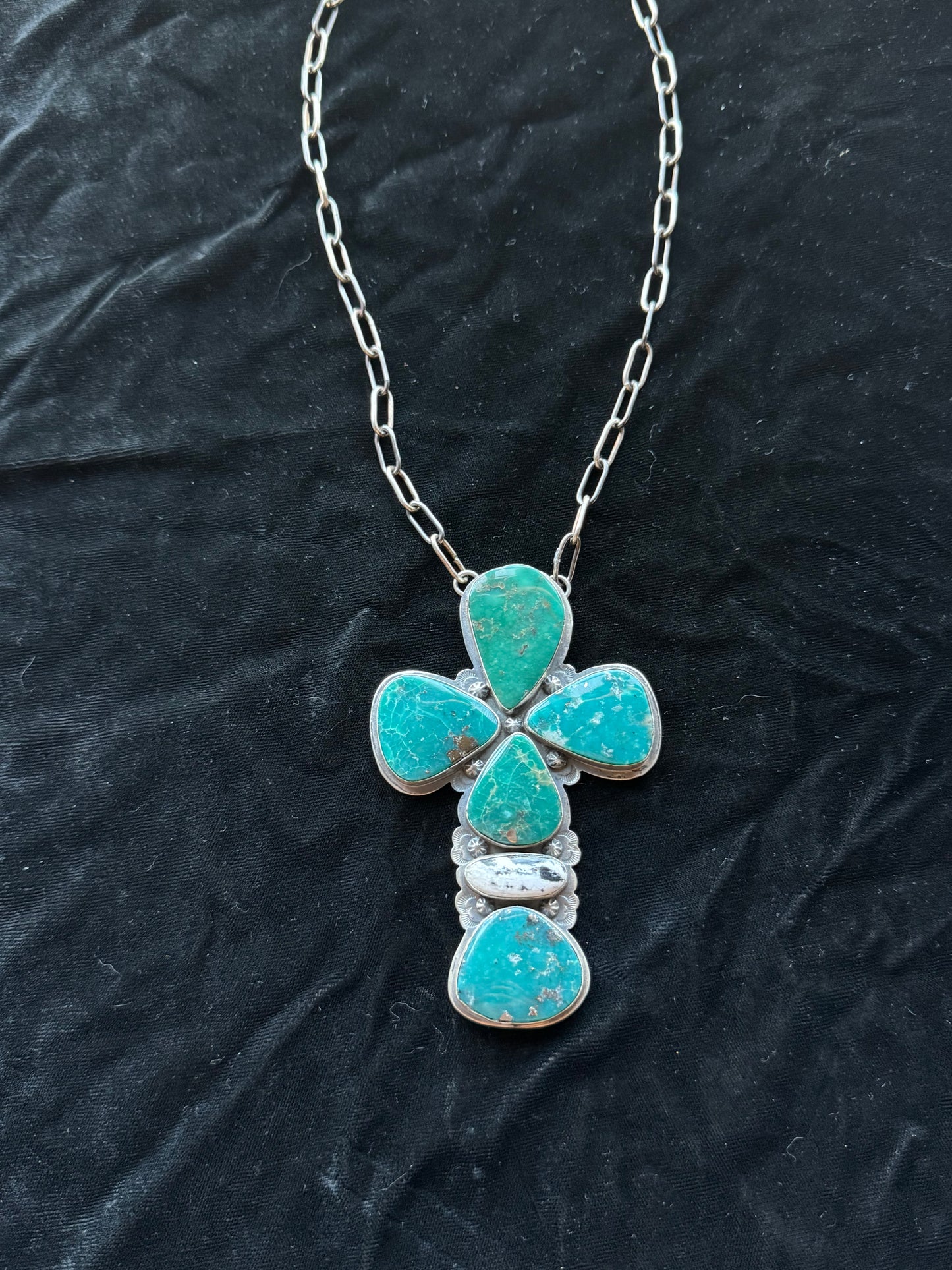 20" Emerald Valley Turquoise and White Buffalo Cross Necklace by Bison, Navajo